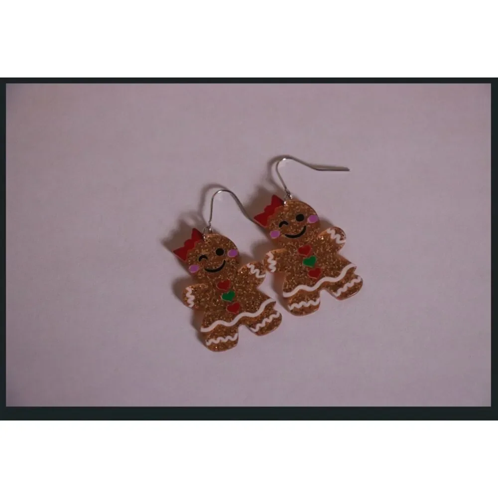 Glitter Gingerbread Holiday Earrings Gold Sparkle Cute